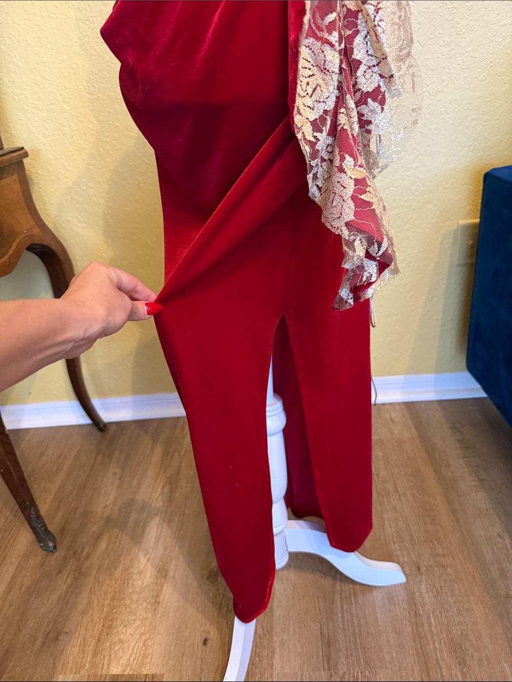 Red and Gold Floral-Trim Maxi Dress - Picture 7 of 10